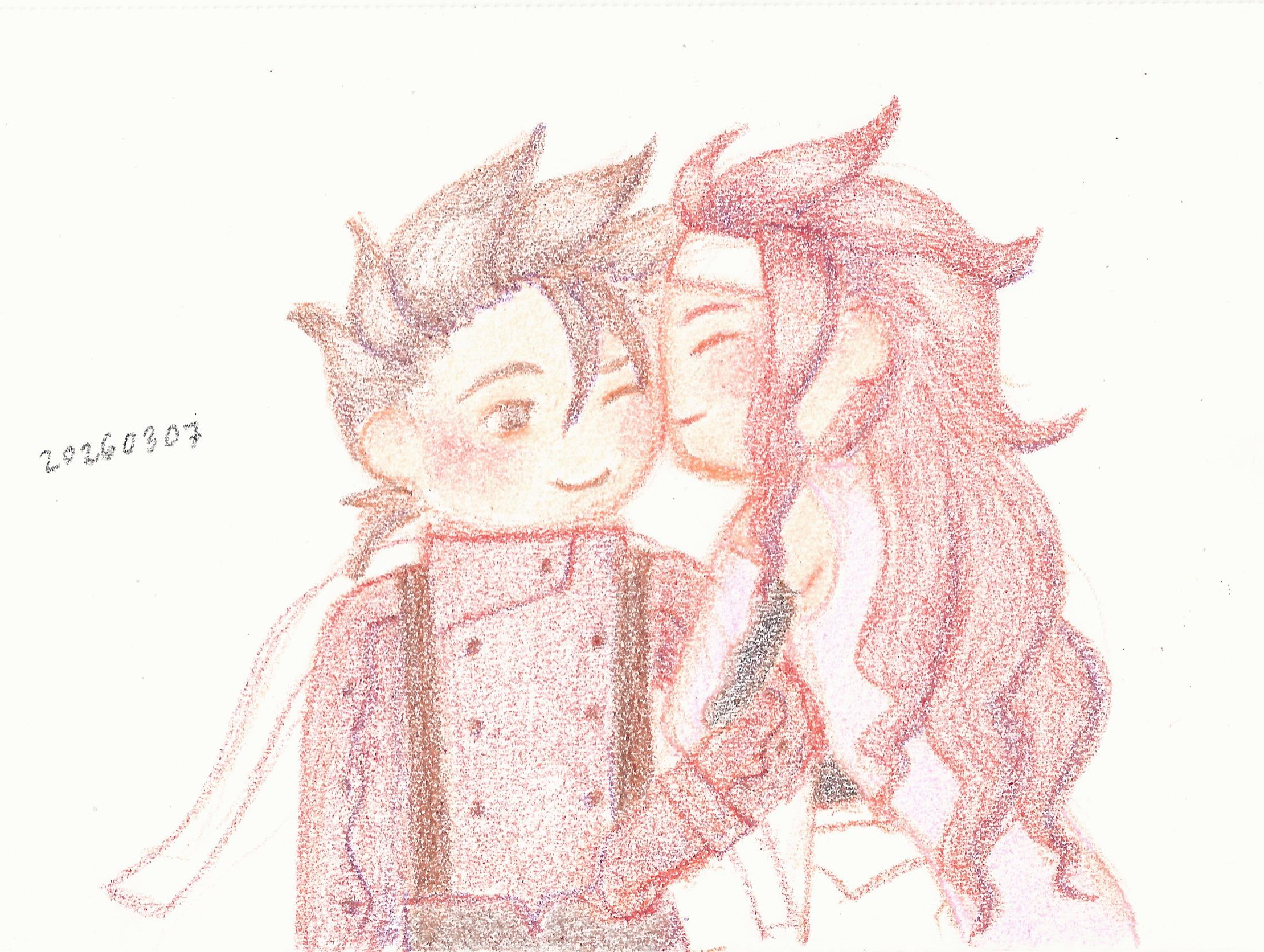 crayon drawing on paper of zelos flying above lloyd while lloyd watches, smiling.